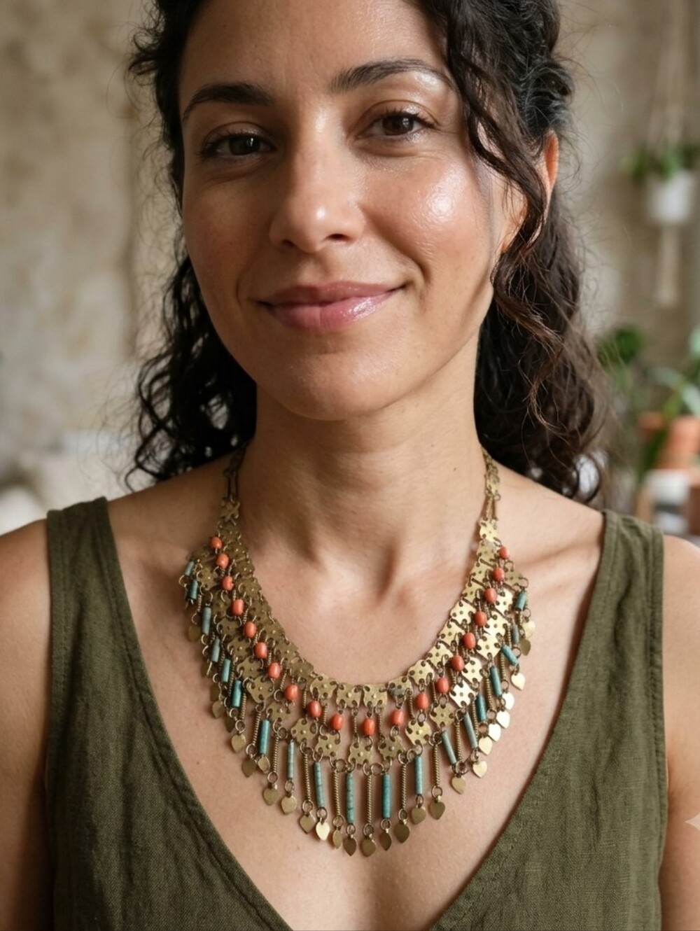 Vintage Tribal Brass Fringe Statement Collar Necklace with Faux Coral & Turquois
